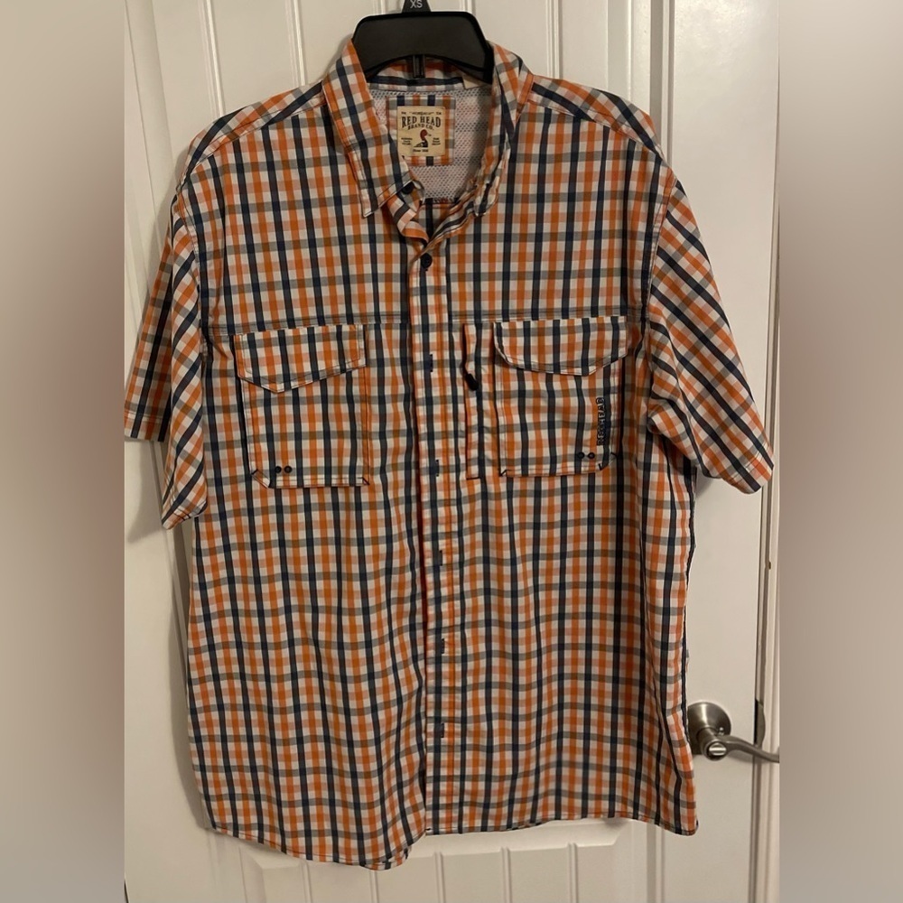 Red Head‎ Brand Co Orange Plaid Button Front Short Sleeve Shirt Mens XL